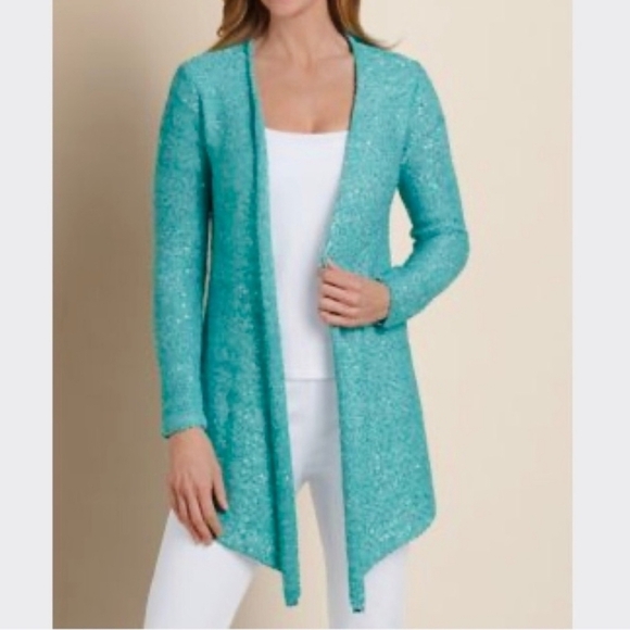 Soft Surroundings Turquoise Sequin Shimmer Open Front Elegant Cardigan Sz XS NEW - Picture 2 of 10